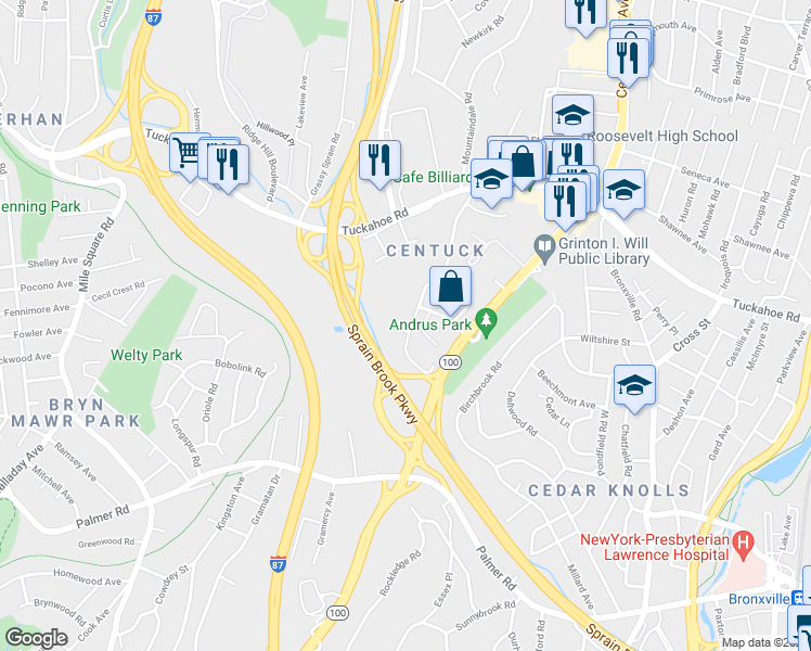 map of restaurants, bars, coffee shops, grocery stores, and more near 22 Winchester Avenue in Yonkers