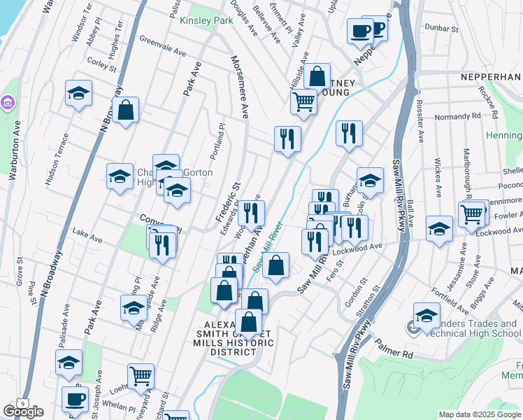 map of restaurants, bars, coffee shops, grocery stores, and more near 217 Woodland Avenue in Yonkers