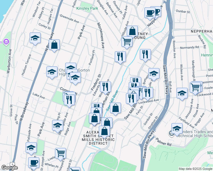 map of restaurants, bars, coffee shops, grocery stores, and more near 217 Woodland Avenue in Yonkers
