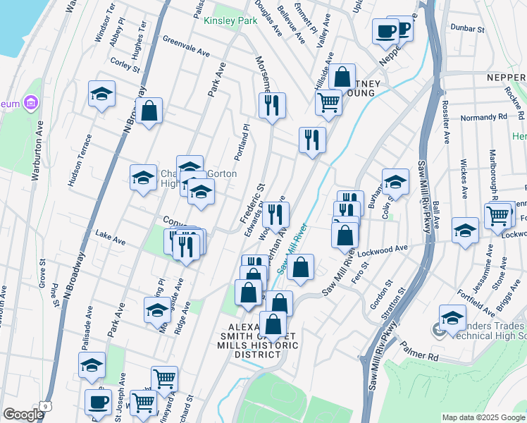 map of restaurants, bars, coffee shops, grocery stores, and more near 118 Frederic Street in Yonkers