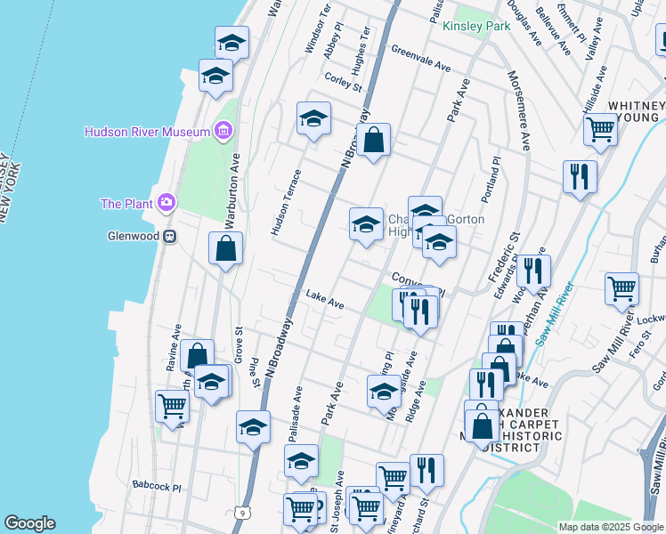 map of restaurants, bars, coffee shops, grocery stores, and more near in Yonkers