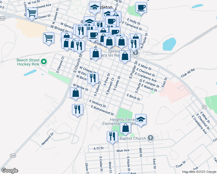 map of restaurants, bars, coffee shops, grocery stores, and more near 113 East Birch Street in Hazleton