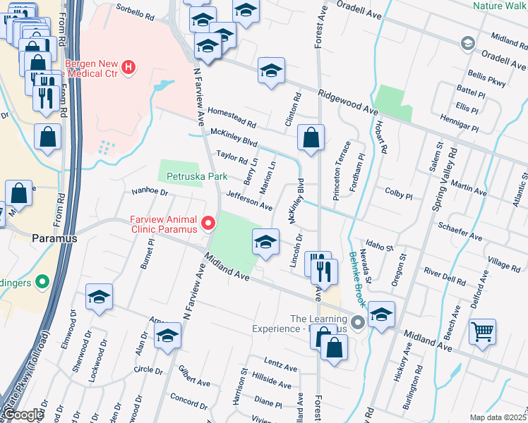 map of restaurants, bars, coffee shops, grocery stores, and more near 244 Jefferson Avenue in Paramus