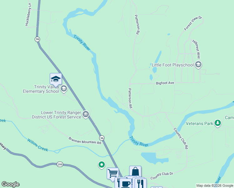 map of restaurants, bars, coffee shops, grocery stores, and more near 320 Patterson Road in Willow Creek