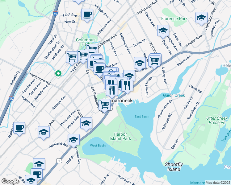 map of restaurants, bars, coffee shops, grocery stores, and more near 139 East Prospect Avenue in Mamaroneck