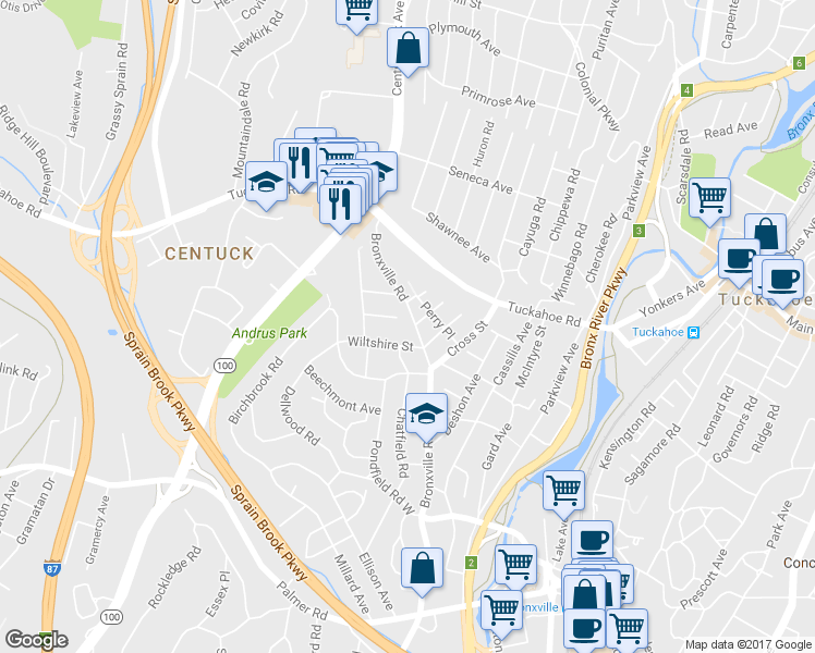 map of restaurants, bars, coffee shops, grocery stores, and more near 459 Bronxville Road in Bronxville