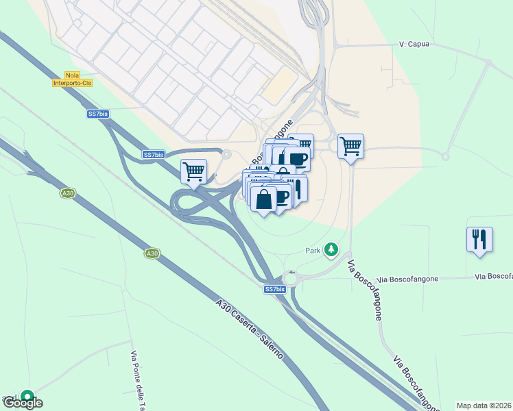 map of restaurants, bars, coffee shops, grocery stores, and more near Via Boscofangone in Città Metropolitana di Napoli