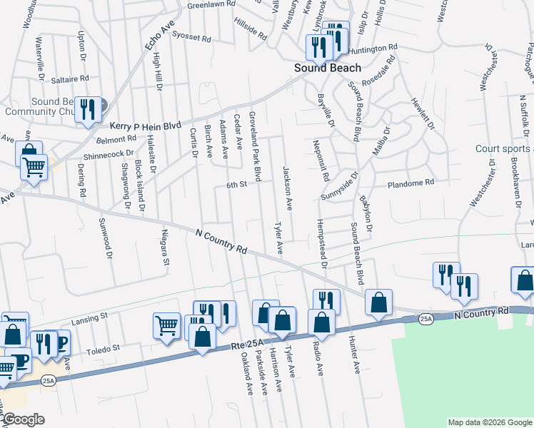 map of restaurants, bars, coffee shops, grocery stores, and more near 32 Groveland Park Boulevard in Sound Beach