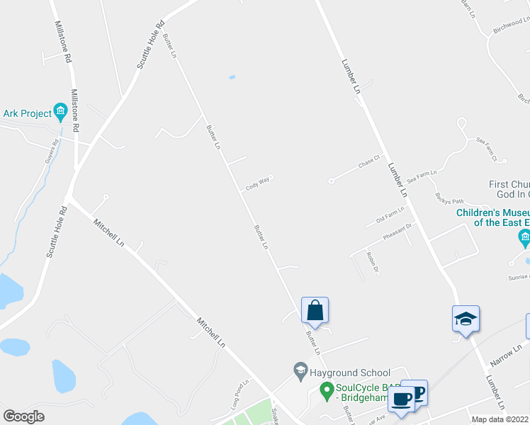 map of restaurants, bars, coffee shops, grocery stores, and more near 639 Butter Lane in Bridgehampton