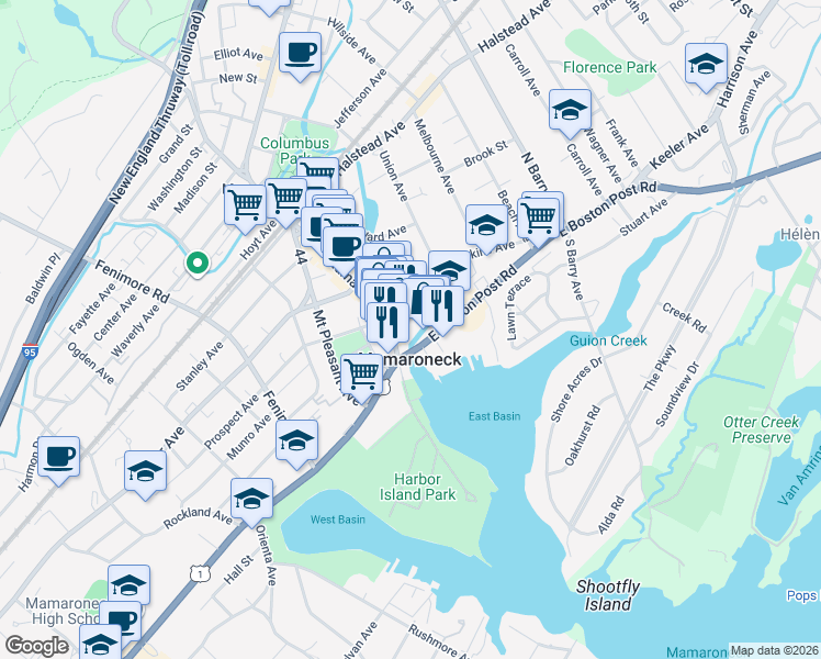 map of restaurants, bars, coffee shops, grocery stores, and more near 139 East Prospect Avenue in Mamaroneck