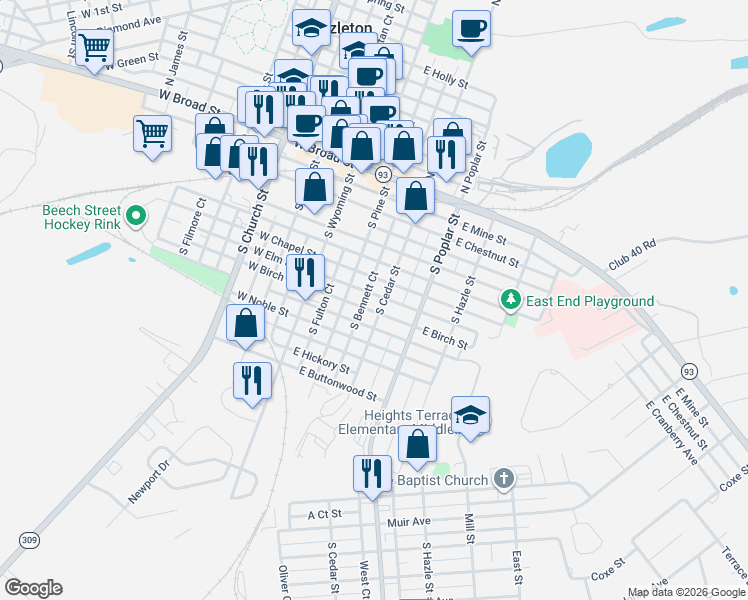 map of restaurants, bars, coffee shops, grocery stores, and more near 124 South Bennett Court in Hazleton