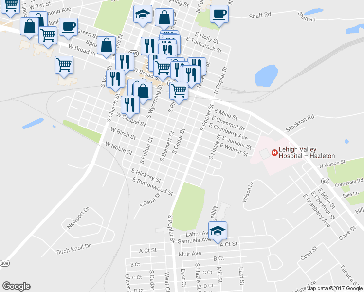 map of restaurants, bars, coffee shops, grocery stores, and more near 124 South Poplar Street in Hazleton