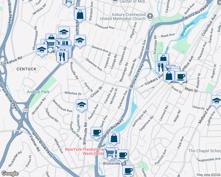 map of restaurants, bars, coffee shops, grocery stores, and more near 125 Cassilis Avenue in Yonkers