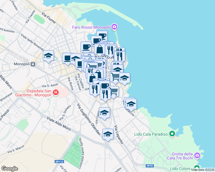 map of restaurants, bars, coffee shops, grocery stores, and more near 6 Via Levi in Monopoli