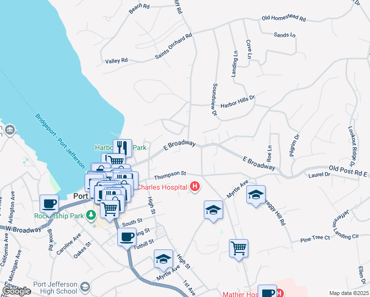 map of restaurants, bars, coffee shops, grocery stores, and more near 238 Bayview Terrace in Port Jefferson