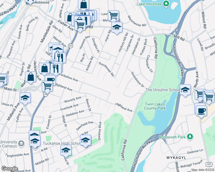 map of restaurants, bars, coffee shops, grocery stores, and more near 4 Joan Drive in Eastchester