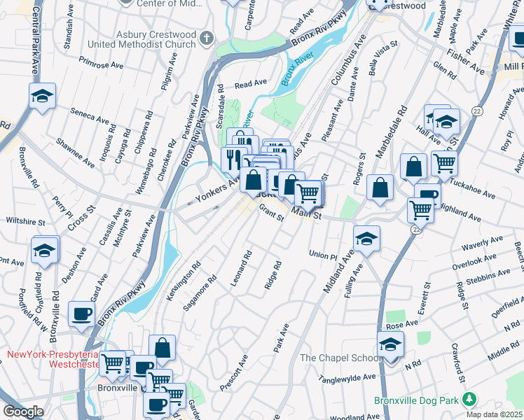 map of restaurants, bars, coffee shops, grocery stores, and more near 13 Depot Square in Tuckahoe