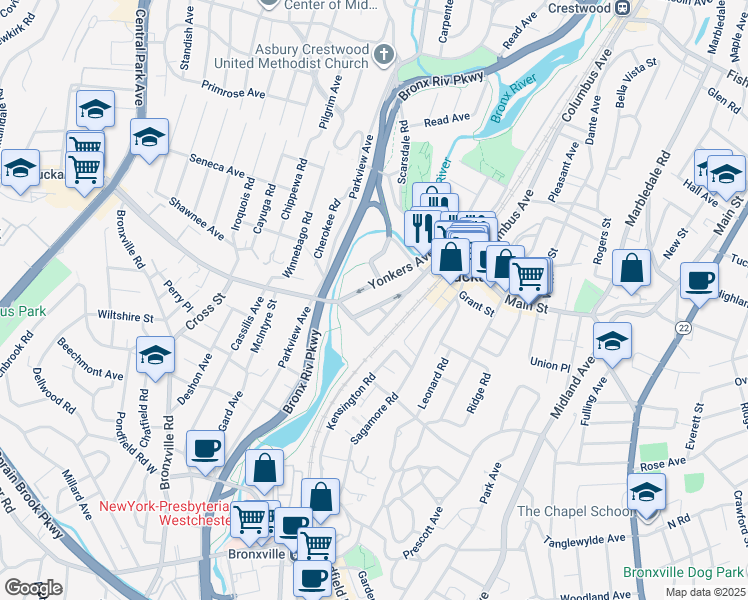 map of restaurants, bars, coffee shops, grocery stores, and more near 42 Yonkers Avenue in Tuckahoe