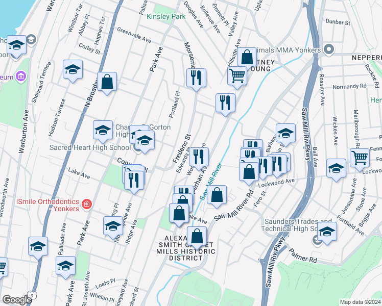 map of restaurants, bars, coffee shops, grocery stores, and more near 118 Frederic Street in Yonkers