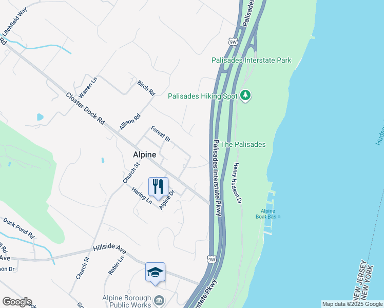 map of restaurants, bars, coffee shops, grocery stores, and more near 46 Overlook Road in Alpine