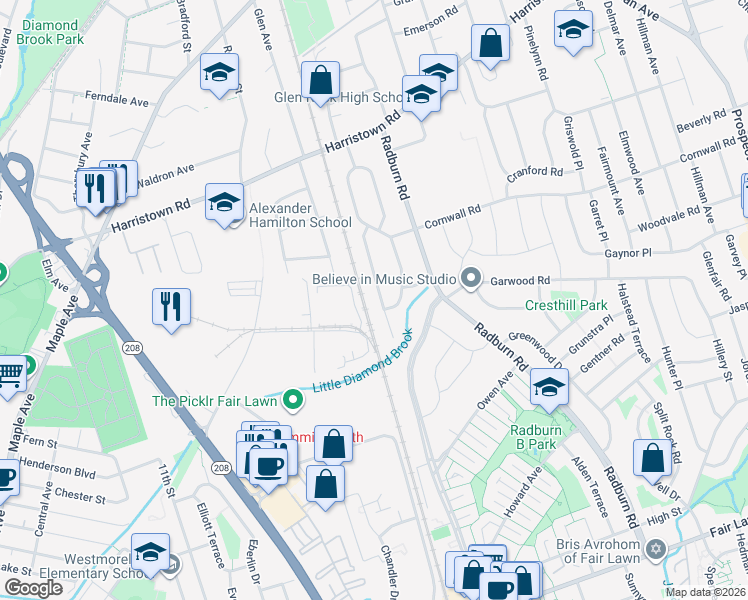 map of restaurants, bars, coffee shops, grocery stores, and more near 40 Berwyn Place in Fair Lawn