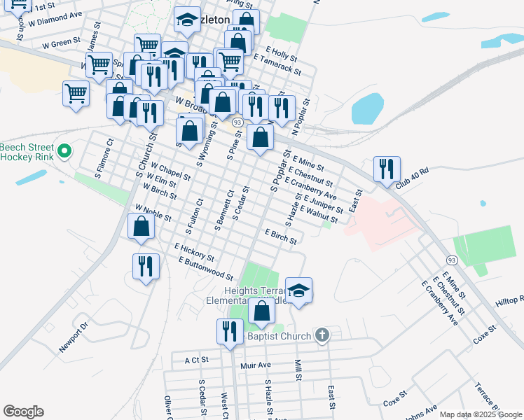 map of restaurants, bars, coffee shops, grocery stores, and more near 124 South Poplar Street in Hazleton