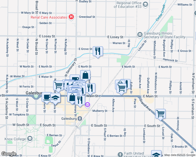 map of restaurants, bars, coffee shops, grocery stores, and more near 584 Matthews Street in Galesburg