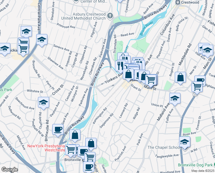 map of restaurants, bars, coffee shops, grocery stores, and more near 42 Yonkers Avenue in Tuckahoe