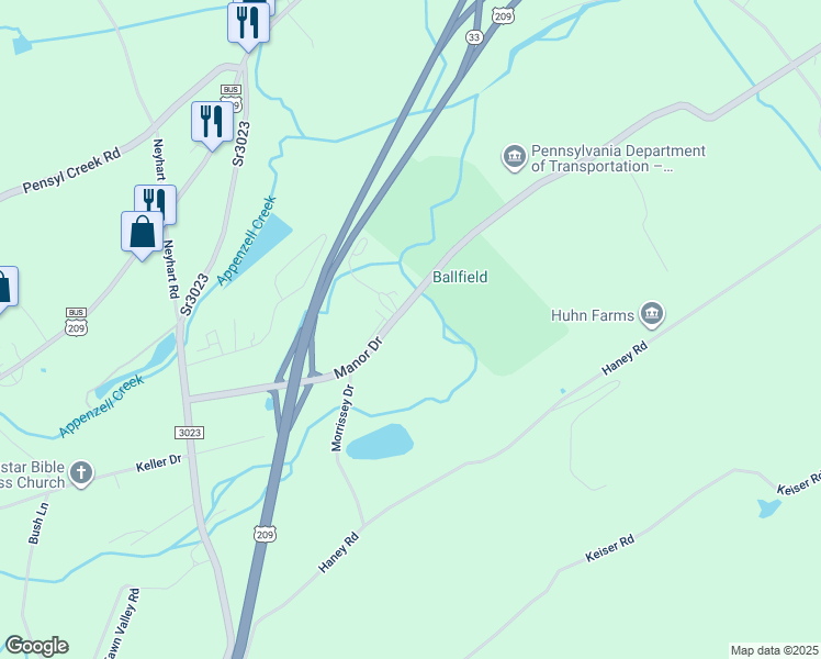 map of restaurants, bars, coffee shops, grocery stores, and more near 4225 Manor Drive in Stroudsburg