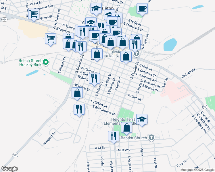 map of restaurants, bars, coffee shops, grocery stores, and more near 157 South Pine Street in Hazleton