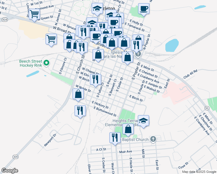 map of restaurants, bars, coffee shops, grocery stores, and more near 157 South Pine Street in Hazleton