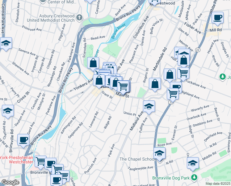 map of restaurants, bars, coffee shops, grocery stores, and more near 88 Main Street in Tuckahoe
