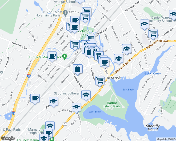 map of restaurants, bars, coffee shops, grocery stores, and more near 215 Maple Avenue in Mamaroneck