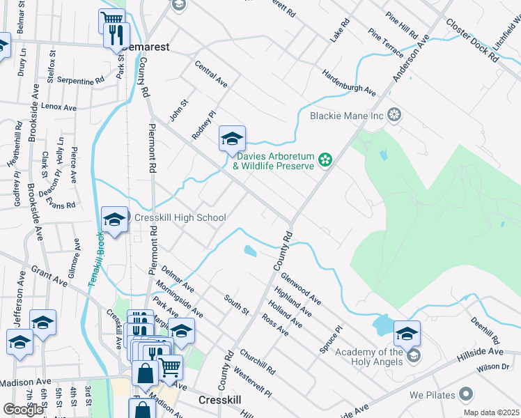 map of restaurants, bars, coffee shops, grocery stores, and more near 90 County Road in Demarest