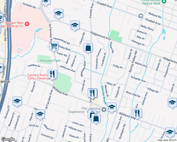 map of restaurants, bars, coffee shops, grocery stores, and more near 289 McKinley Boulevard in Paramus