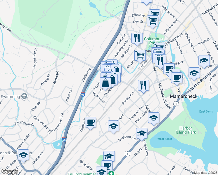 map of restaurants, bars, coffee shops, grocery stores, and more near 421 Waverly Avenue in Mamaroneck