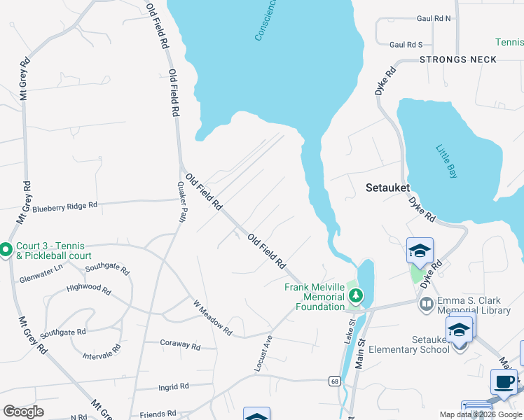 map of restaurants, bars, coffee shops, grocery stores, and more near 6 Conscience Bay Road in Setauket- East Setauket