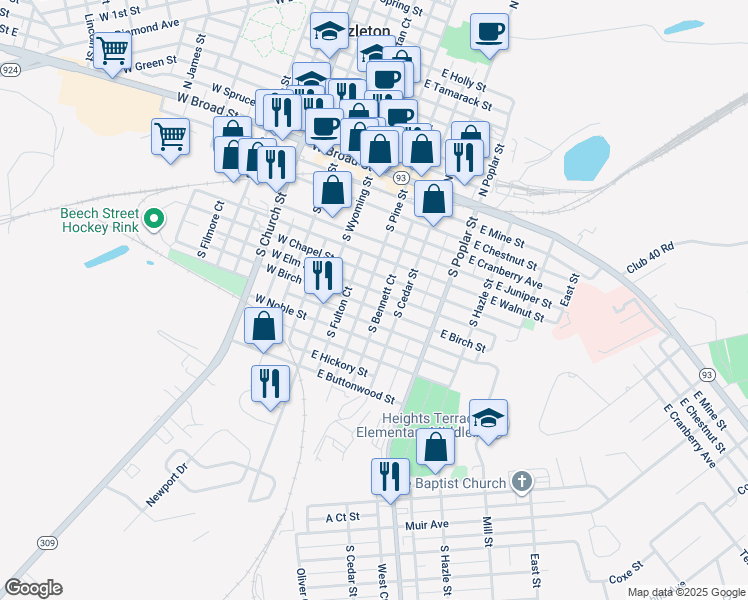 map of restaurants, bars, coffee shops, grocery stores, and more near 151 South Pine Street in Hazleton