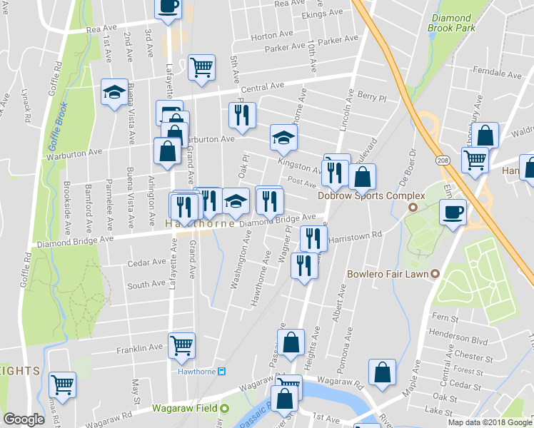 map of restaurants, bars, coffee shops, grocery stores, and more near 170 Hawthorne Avenue in Hawthorne