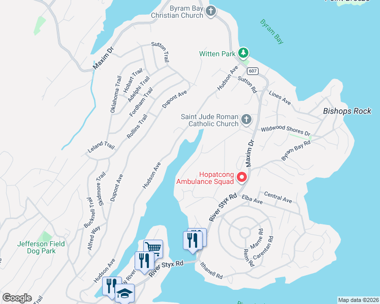 map of restaurants, bars, coffee shops, grocery stores, and more near 40 Oneida Avenue in Hopatcong