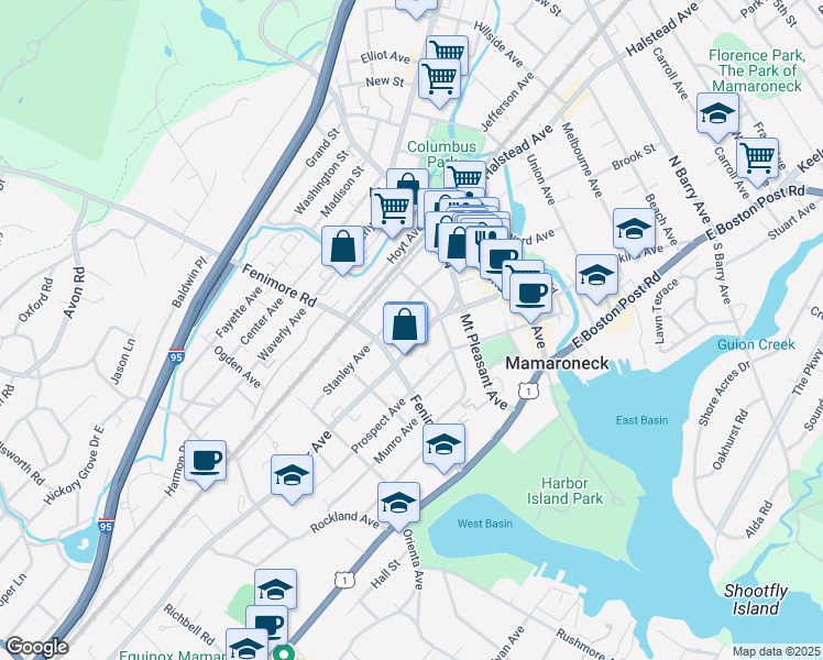 map of restaurants, bars, coffee shops, grocery stores, and more near 328 Stanley Avenue in Mamaroneck