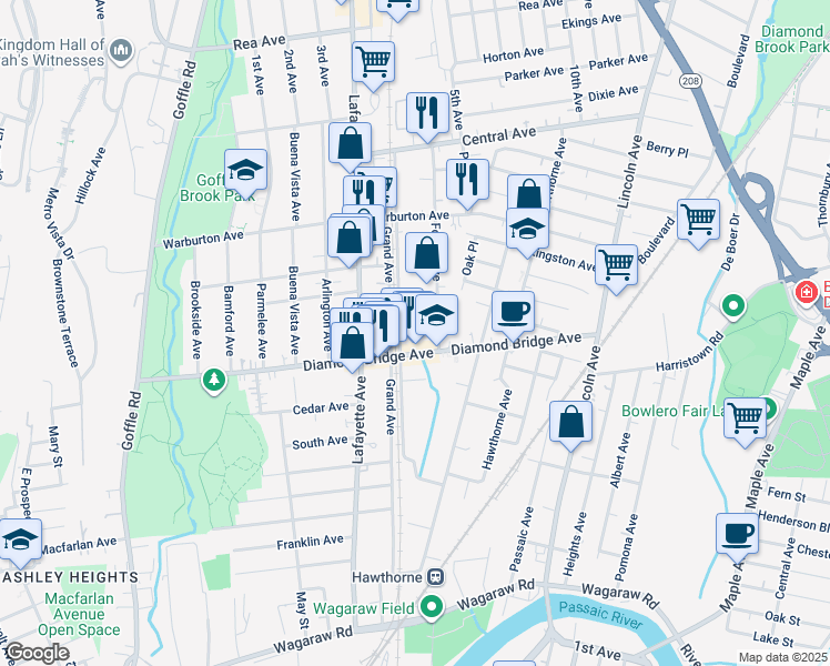 map of restaurants, bars, coffee shops, grocery stores, and more near 24 Forest Avenue in Hawthorne