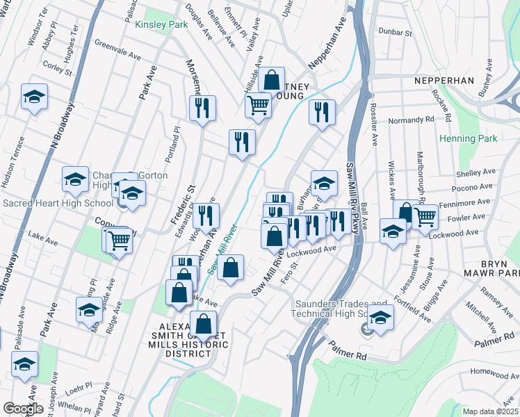 map of restaurants, bars, coffee shops, grocery stores, and more near 30 Mostyn Street in Yonkers