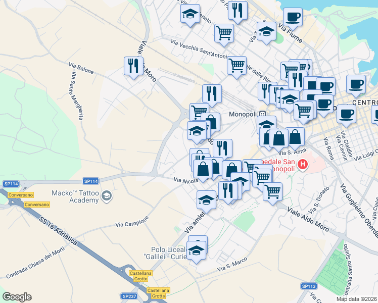 map of restaurants, bars, coffee shops, grocery stores, and more near 2 Via Andrea Mantegna in Monopoli