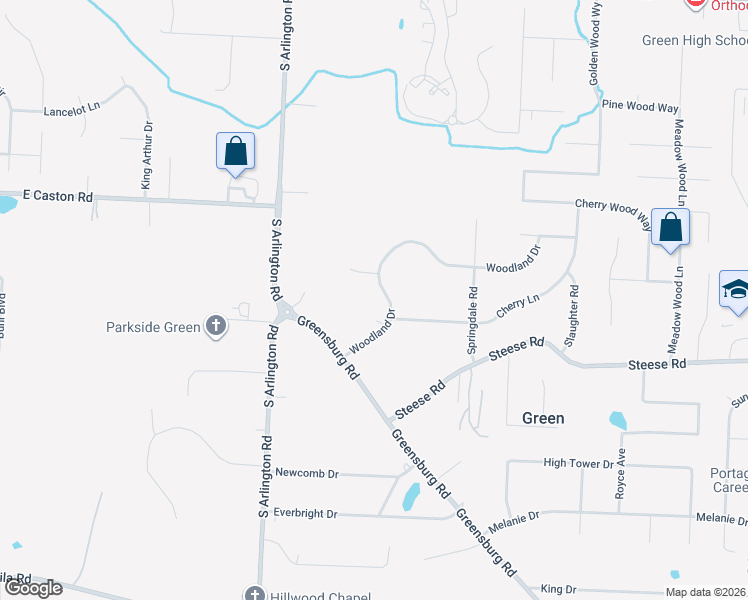 map of restaurants, bars, coffee shops, grocery stores, and more near 1275 Woodland Drive in Uniontown