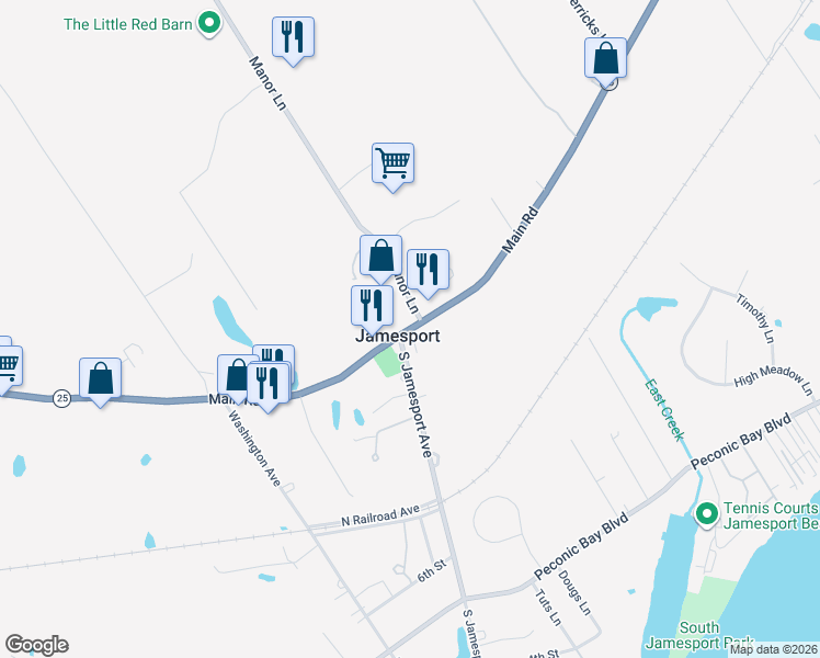 map of restaurants, bars, coffee shops, grocery stores, and more near 1606 Main Road in Jamesport