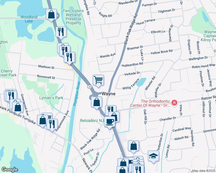 map of restaurants, bars, coffee shops, grocery stores, and more near 247 Black Oak Ridge Road in Wayne