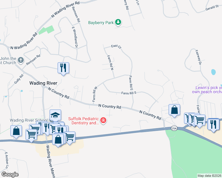 map of restaurants, bars, coffee shops, grocery stores, and more near 12 Farm Road North in Wading River
