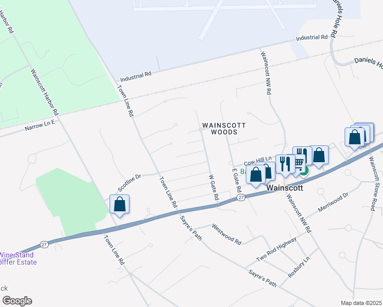 map of restaurants, bars, coffee shops, grocery stores, and more near 3 Exeter Lane in Wainscott
