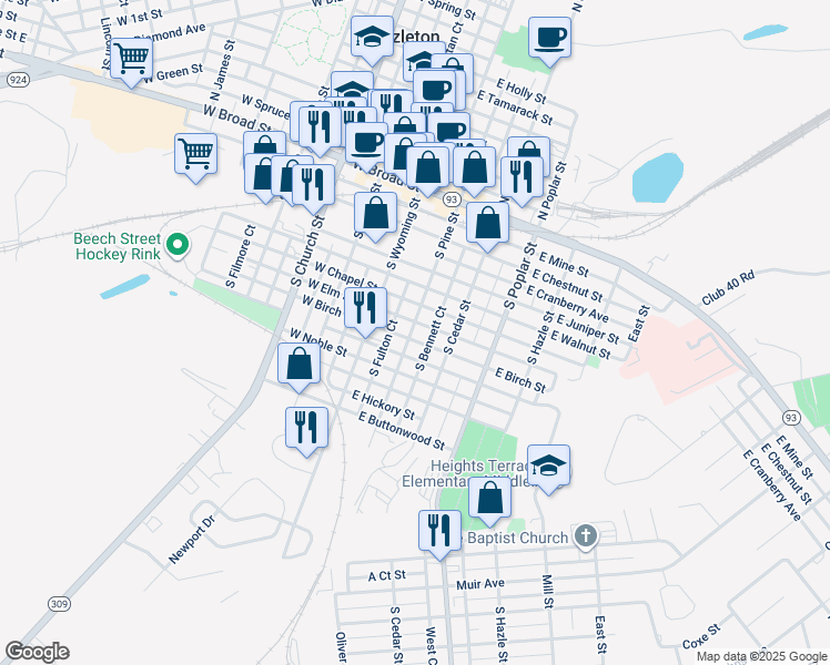 map of restaurants, bars, coffee shops, grocery stores, and more near 151 South Pine Street in Hazleton
